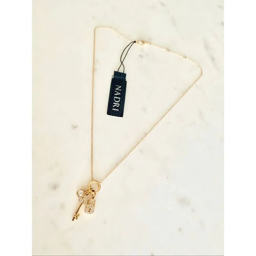 Nadri Gold Crystal Key & Lock Charm Necklace NWT | Lucky Clover Pendant